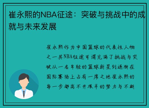 崔永熙的NBA征途：突破与挑战中的成就与未来发展